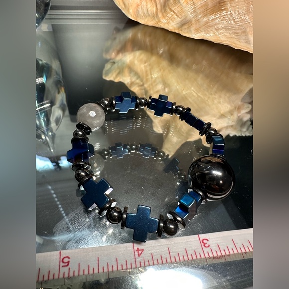 HEMATITE + QUARTZ NATURAL STONES  BRACELET size 7” - Picture 8 of 16